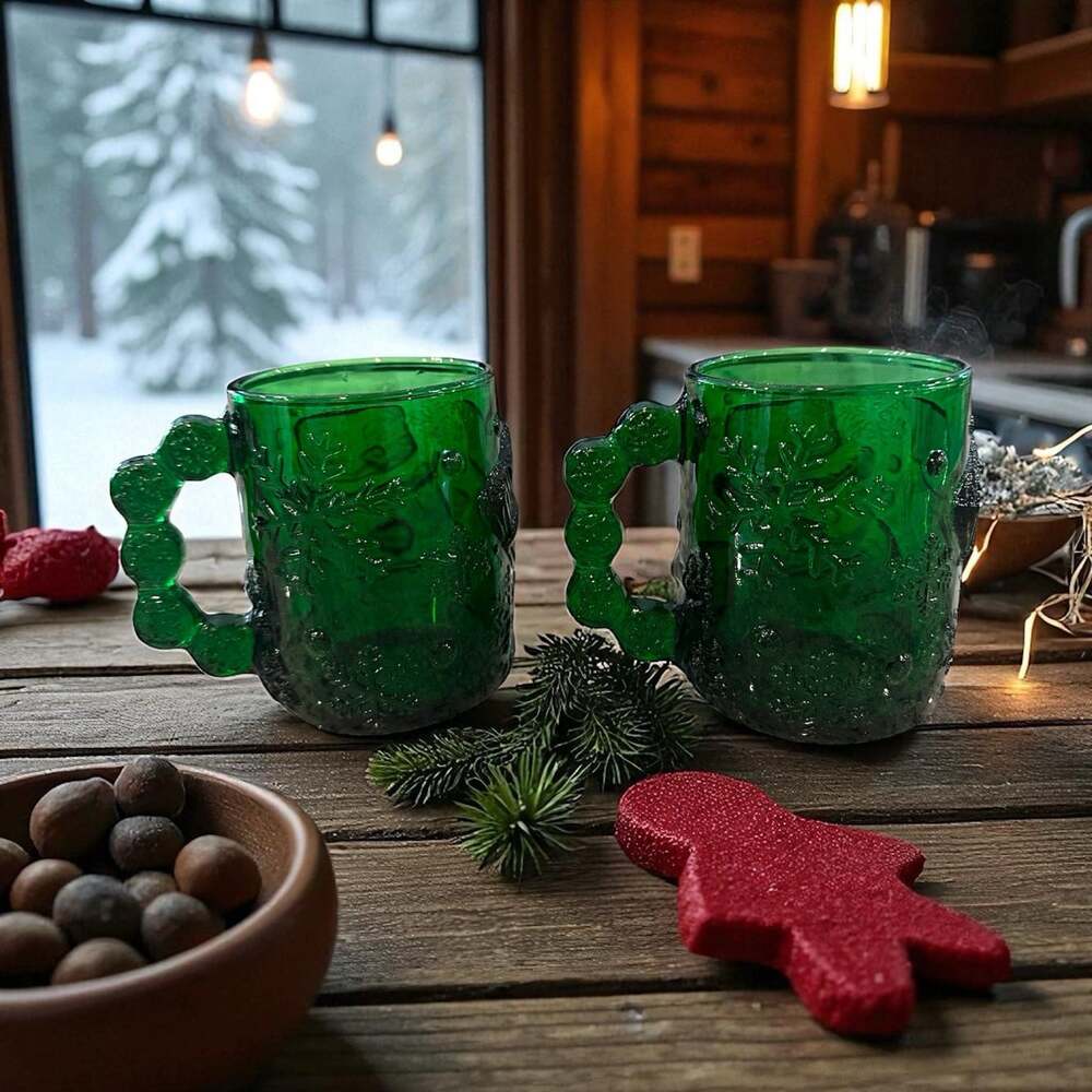 Vtg Arcoroc 3-D Snowman Christmas Winter Mug Made In France Green Glass 2 Pc Set